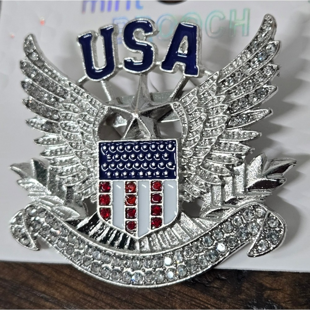 Silver Toned, Mint Crystal Patriotic USA Shield & Wings Brooch